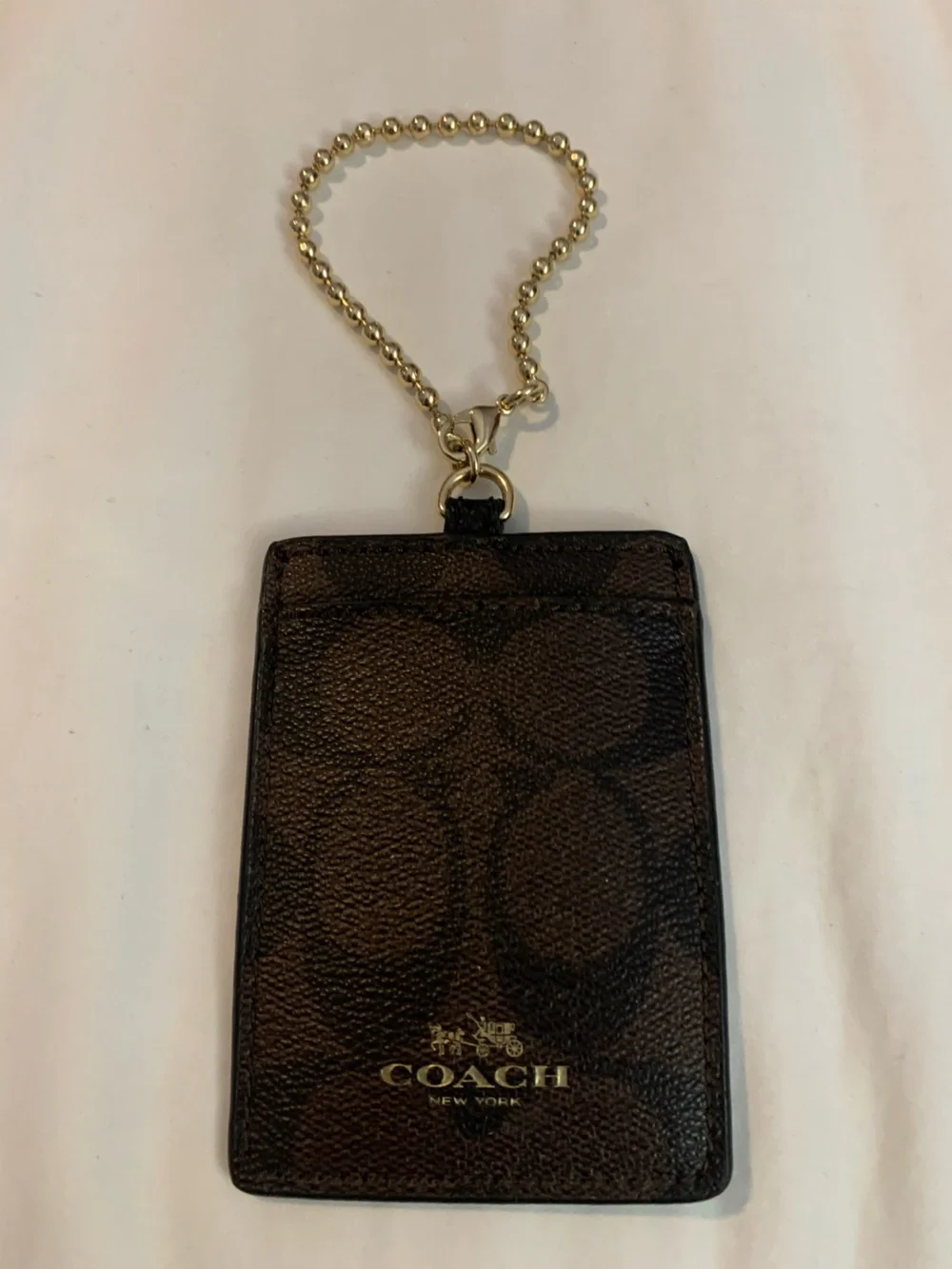 EUC Coach Brown Signature Card Holder with Big Gold Ball Chain